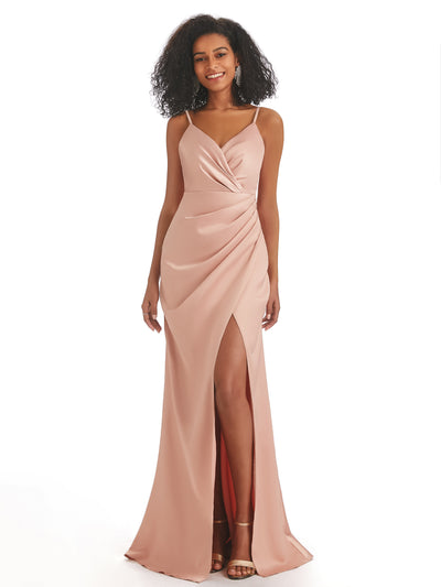 champagne bridesmaid dresses satin Gathered Bust Flutter Sleeve Dress - making it an ideal choice for weddings Champagne Satin Bridesmaid Dresses- ChicSew