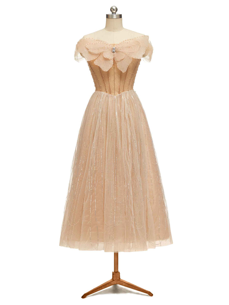 Cute Champagne Gold Off The Shoulder Midi Short Party Prom Dresses Online - ChicSew Cute Champagne Gold Off The Shoulder Midi Short Party Prom Dresses Online - ChicSew