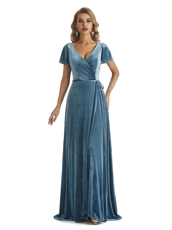 Elegent V-neck Short Sleeves Winter Velvet Long Wedding Guest Dresses