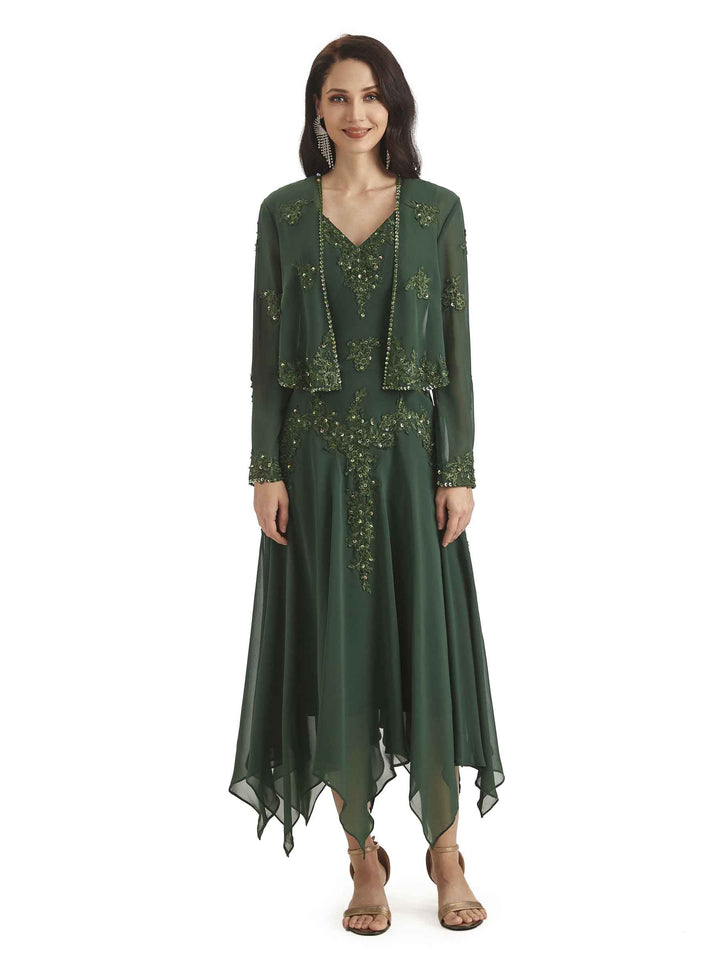 Elegant A-line Chiffon Tea Length Short Groom of The Bride Dresses With Jacket