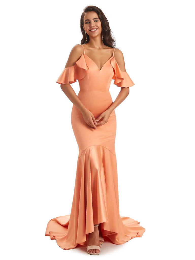 Soft Satin Asymmetric Spaghetti Straps Mermaid Cold Shoulder Bridesmaid Dresses