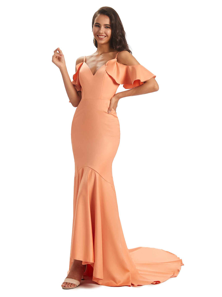 Soft Satin Asymmetric Spaghetti Straps Mermaid Cold Shoulder Bridesmaid Dresses