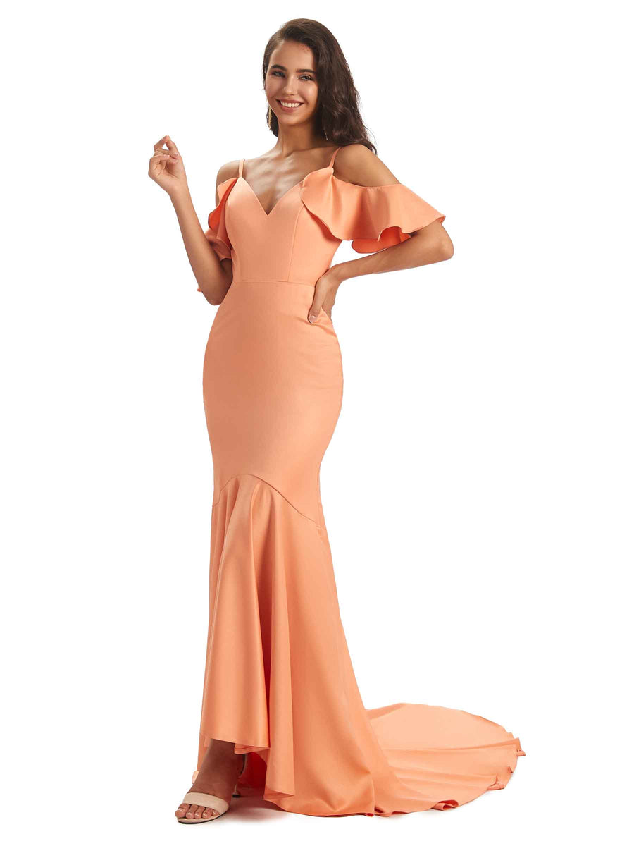 Soft Satin Asymmetric Spaghetti Straps Mermaid Cold Shoulder Bridesmaid Dresses