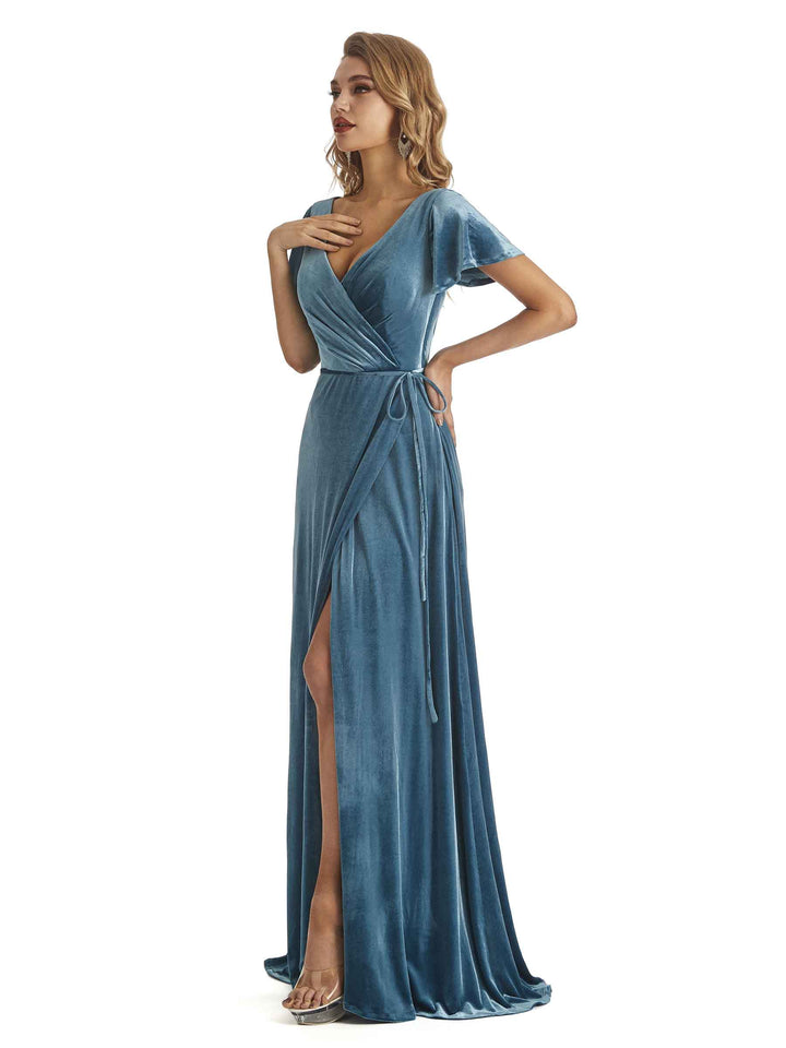 Elegent V-neck Short Sleeves Winter Velvet Long Wedding Guest Dresses