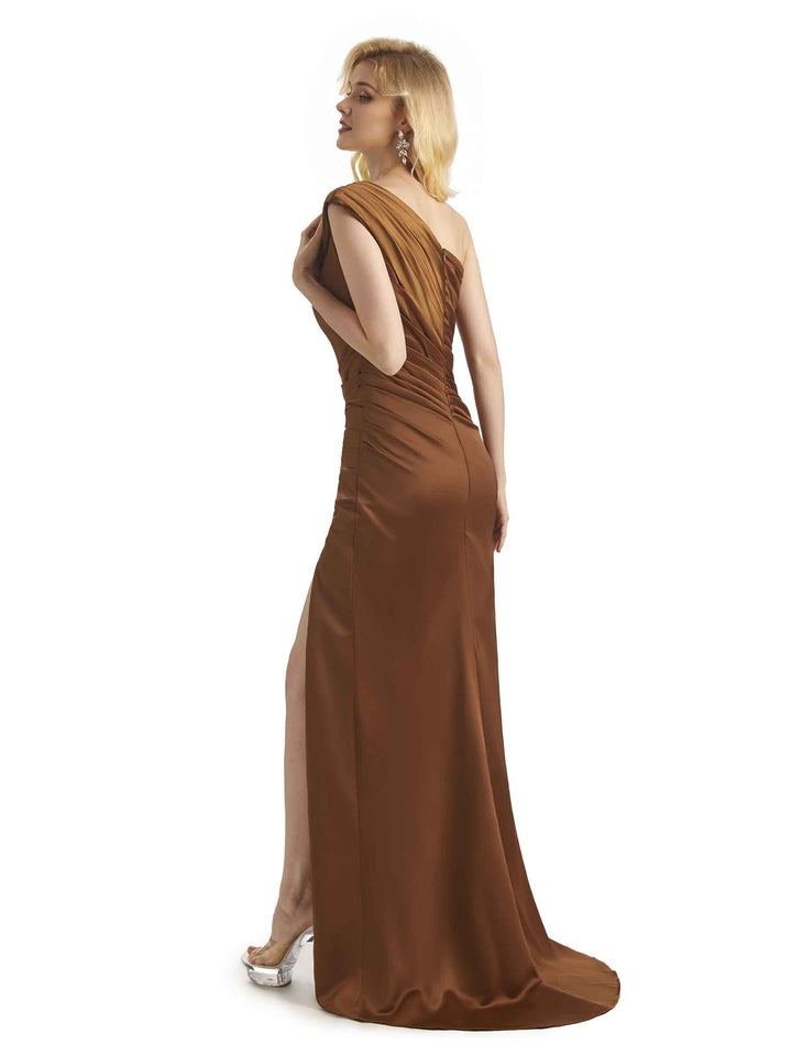 Elegant One Shoulder Soft Satin Side Slit Long Mermaid Party Prom Dresses Online