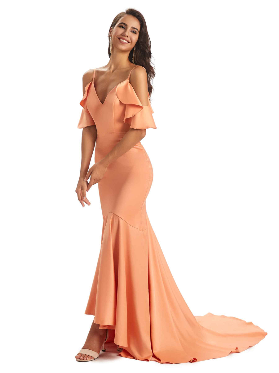 Soft Satin Asymmetric Spaghetti Straps Mermaid Cold Shoulder Bridesmaid Dresses