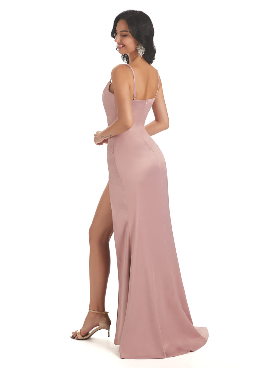 Spaghetti Straps Cowl Neck Satin Mermaid Side Slit Maxi Bridesmaid Dresses Online