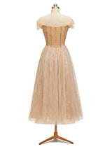Cute Champagne Gold Off The Shoulder Midi Short Party Prom Dresses Online