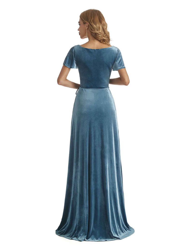 Sexy See Through V-neck Short Sleeves Velvet Long Bridesmaid Dresses Online - ChicSew Sexy See Through V-neck Short Sleeves Velvet Long Bridesmaid Dresses Online - ChicSew