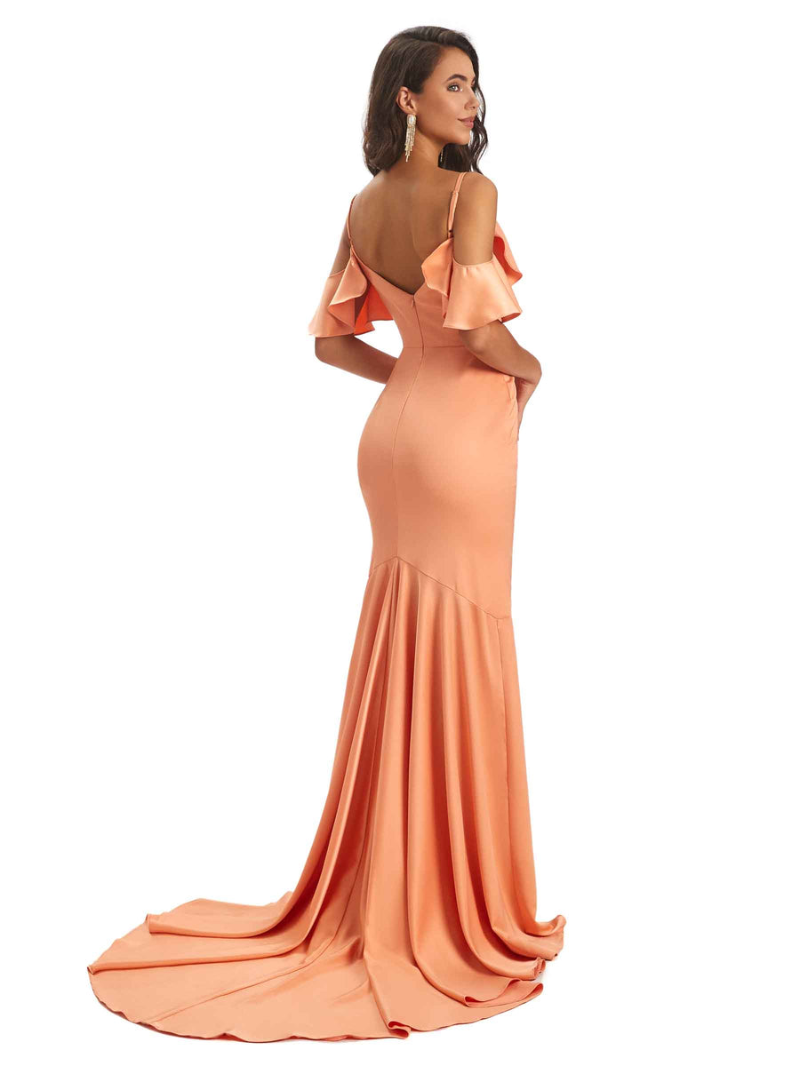 Soft Satin Asymmetric Spaghetti Straps Mermaid Cold Shoulder Bridesmaid Dresses