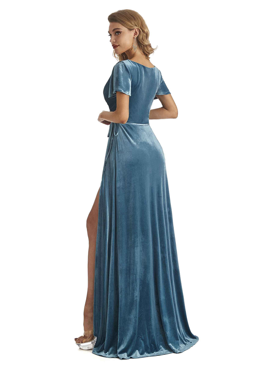 Elegent V-neck Short Sleeves Velvet Long Bridesmaid Dresses Online
