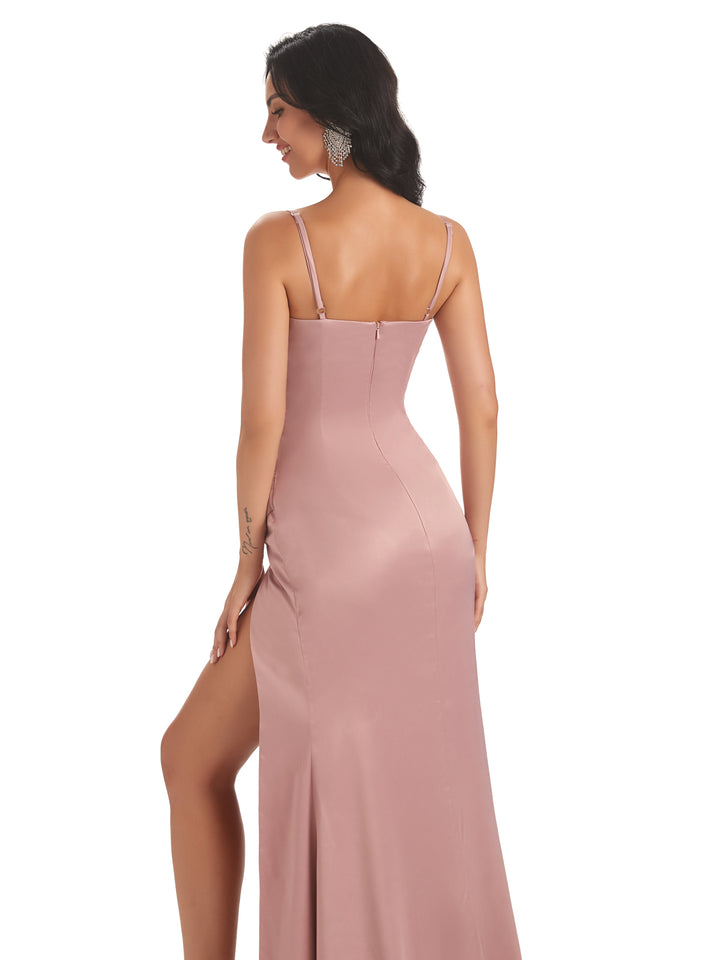 Spaghetti Straps Cowl Neck Satin Mermaid Side Slit Maxi Bridesmaid Dresses Online