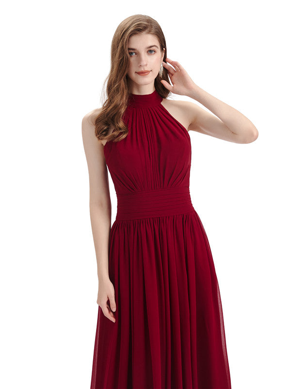 A-line Halter Elegant Chiffon Long Bridesmaid Dresses