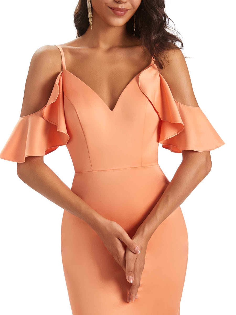 Soft Satin Asymmetric Unique Mermaid Cold Shoulder Prom Dresses