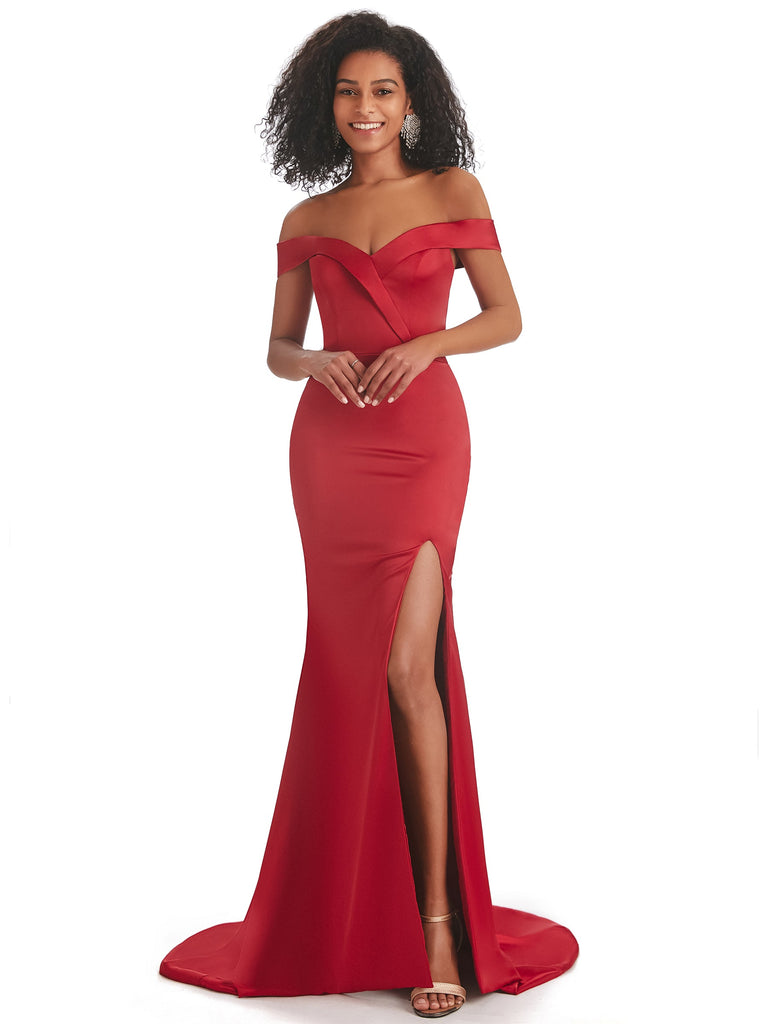Sexy Mermaid Satin Off Shoulder Long Prom & Dance Dresses With Slit
