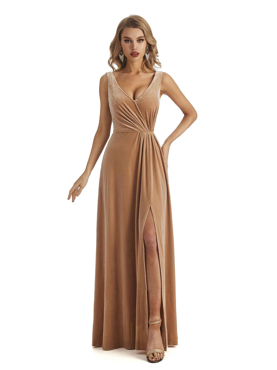 Elegant Velvet V-neck Unique Long Bridesmaid Dresses Online