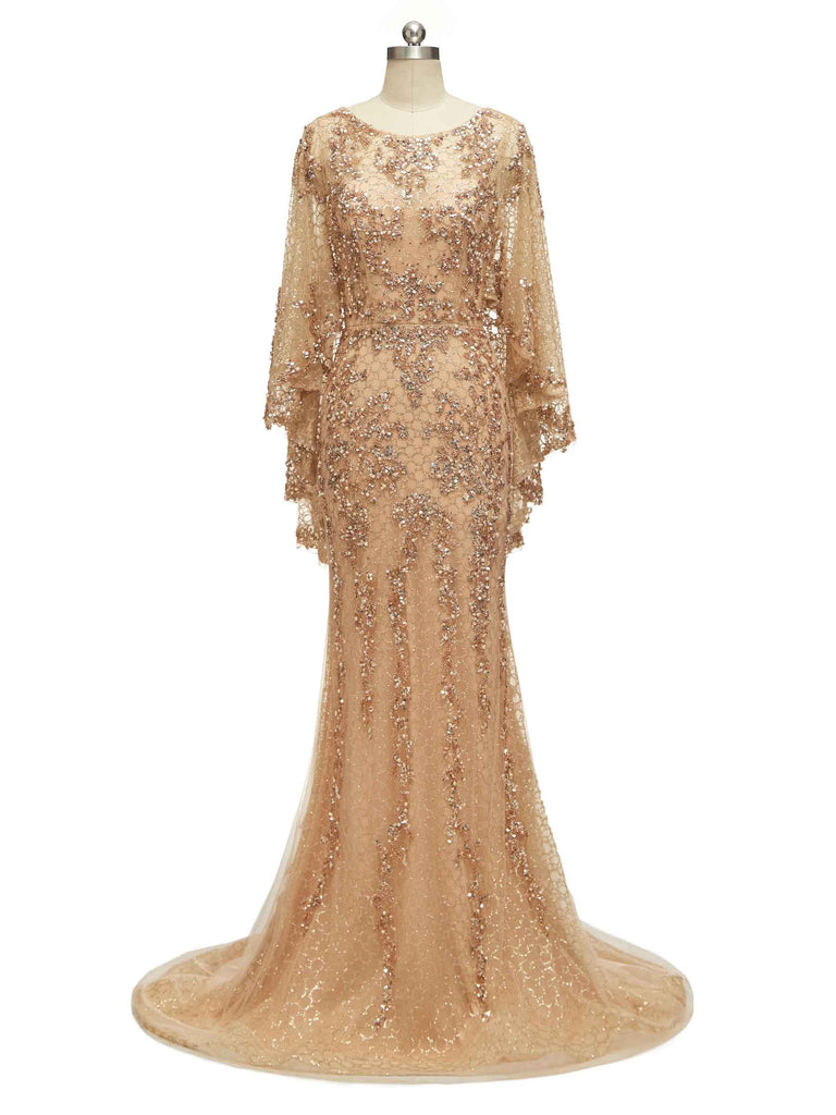 champagne long sleeve prom dress Ball Gown Off The Shoulder Champagne Long Sleeve Prom Dress PG499 US10 / Champagne