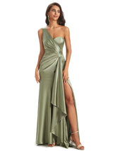 Elegant Soft Satin Side Slit One Shoulder Sexy Mermaid Long Boho Wedding Guest Dress