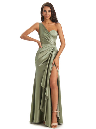 Elegant Soft Satin Side Slit One Shoulder Unique Mermaid Bridesmaid Dresses Online