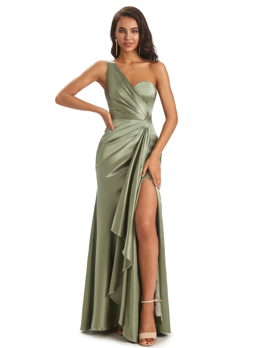 Elegant Soft Satin Side Slit One Shoulder Sexy Mermaid Long Boho Wedding Guest Dress