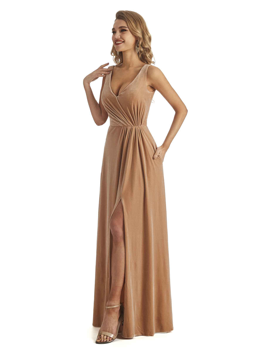 Elegant Velvet V-neck Unique Long Bridesmaid Dresses Online