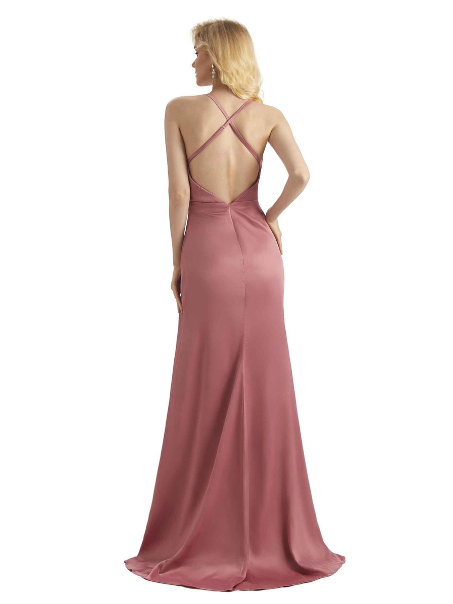 Sexy Cowl Neck Soft Satin Side Slit Criss Cross Long Mermaid Wedding Guest Dresses For Wedding