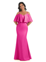 Elegant Soft Satin Cold Shoulder Floor-Length Long Unique Mermaid Bridesmaid Dresses