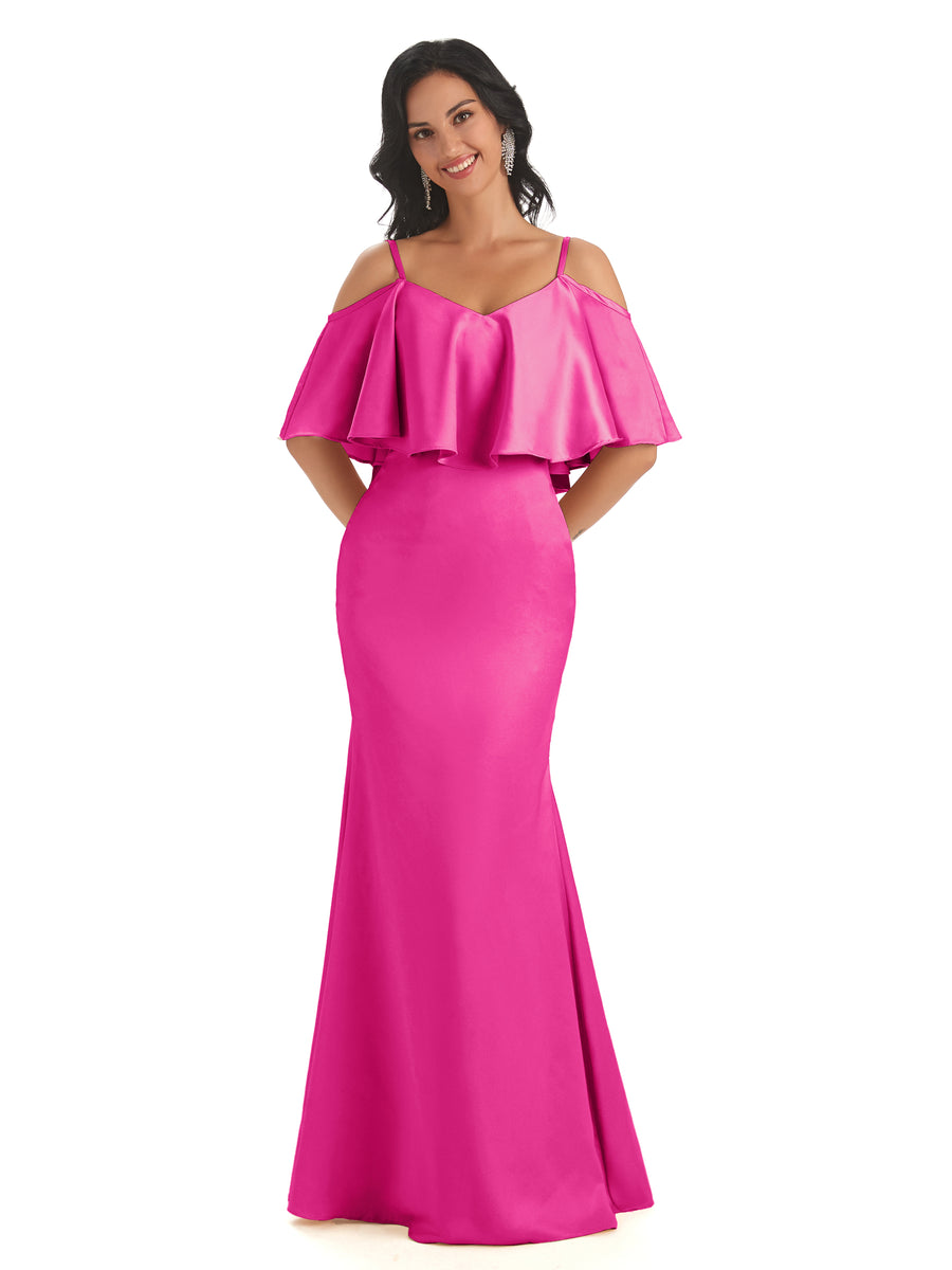 Elegant Soft Satin Cold Shoulder Floor-Length Long Unique Mermaid Bridesmaid Dresses
