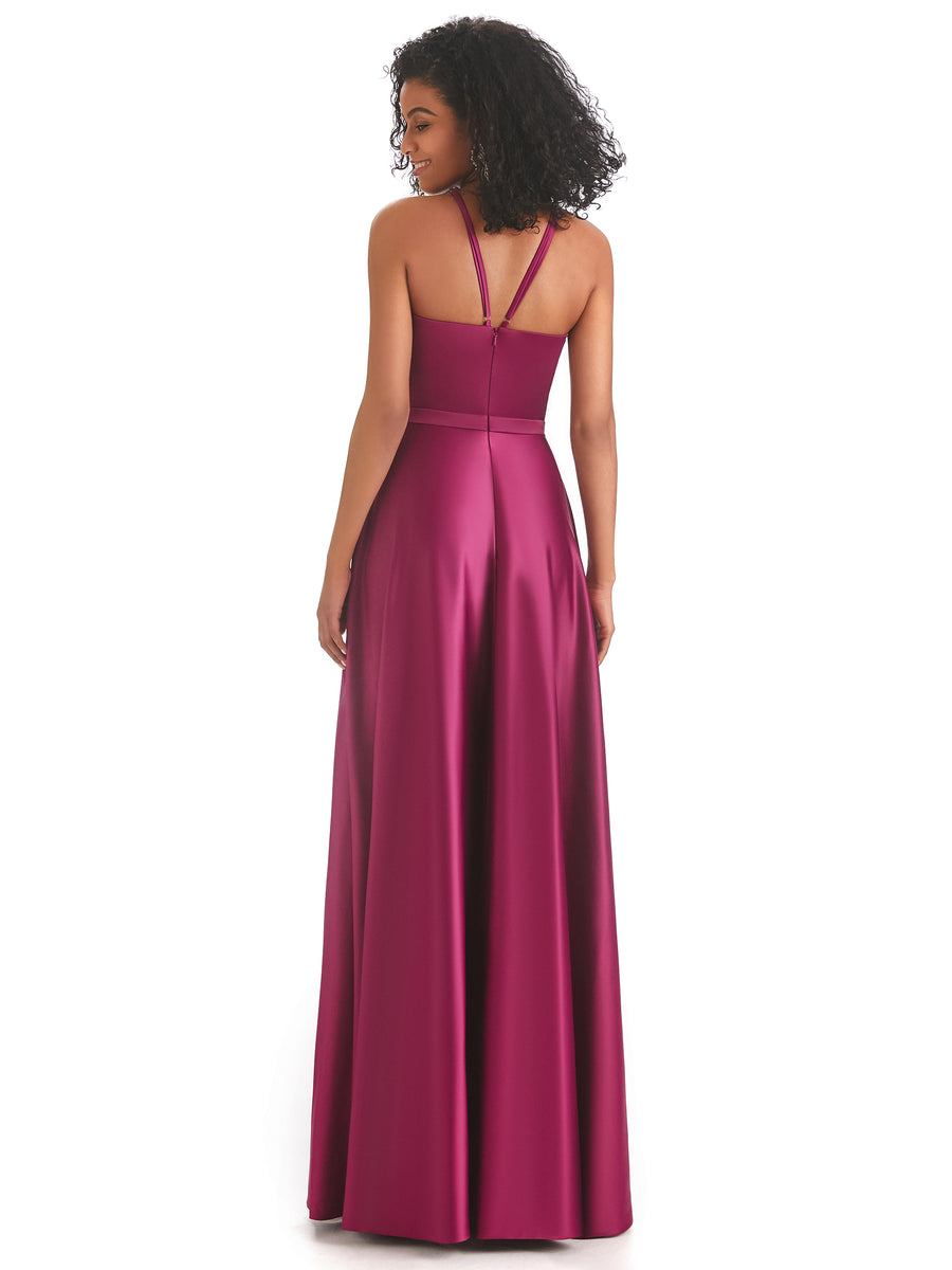 Soft Satin A-line Halter Floor-Length Modern African Bridesmaid Dresses