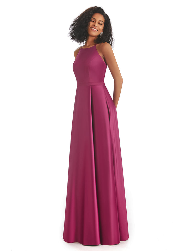 Soft Satin A-line Halter Floor-Length Modern African Bridesmaid Dresses