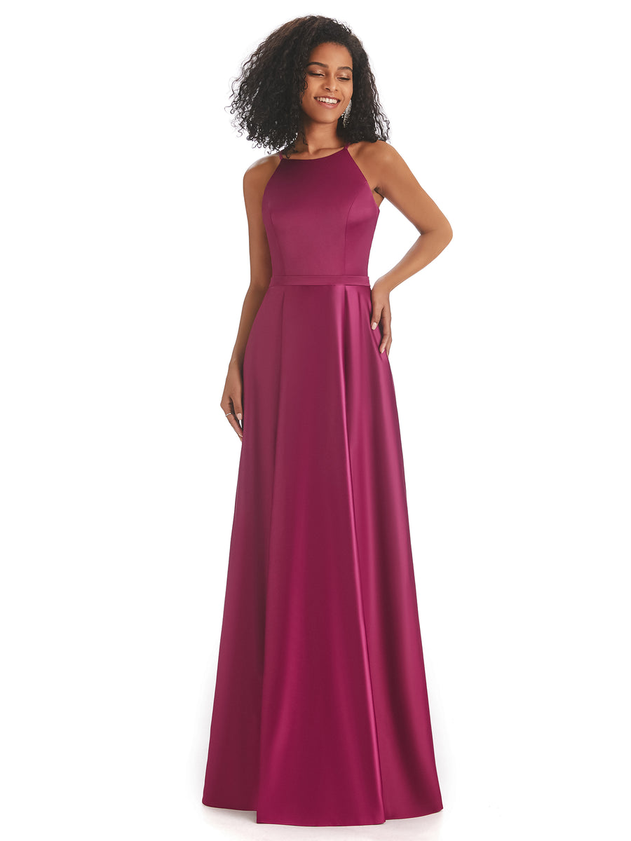 Soft Satin A-line Halter Floor-Length Modern African Bridesmaid Dresses