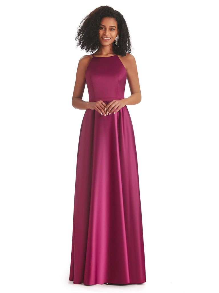 Simple Satin A-line Halter Long Mermaid African Formal Wedding Guest Dresses