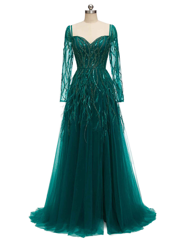 Green A-line Long Sleeves Floor-length Heavily Beaded Long Formal Prom Dresses