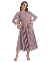Elegant A-line Chiffon V-neck Tea-length Two pieces Mother Of The Bride Dresses