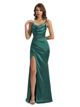 Sexy Mermaid Silky Satin Cowl Unique Long Evening Formal Dresses Side Slit