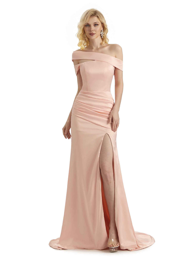 Elegant Asymmetrical Off Shoulder Soft Satin Side Slit Long Mermaid Graduation Prom Dresses