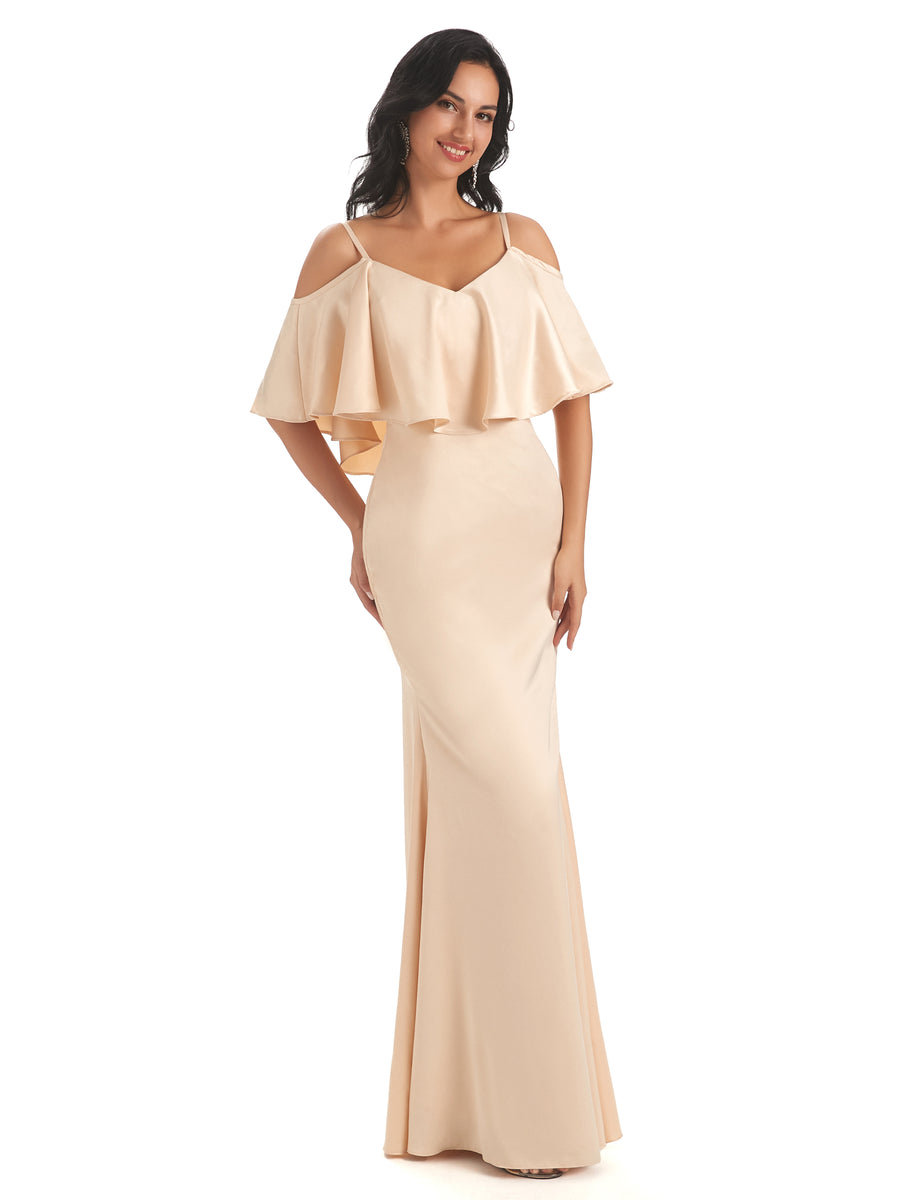 Elegant Soft Satin Cold Shoulder Floor-Length Long Unique Mermaid Bridesmaid Dresses