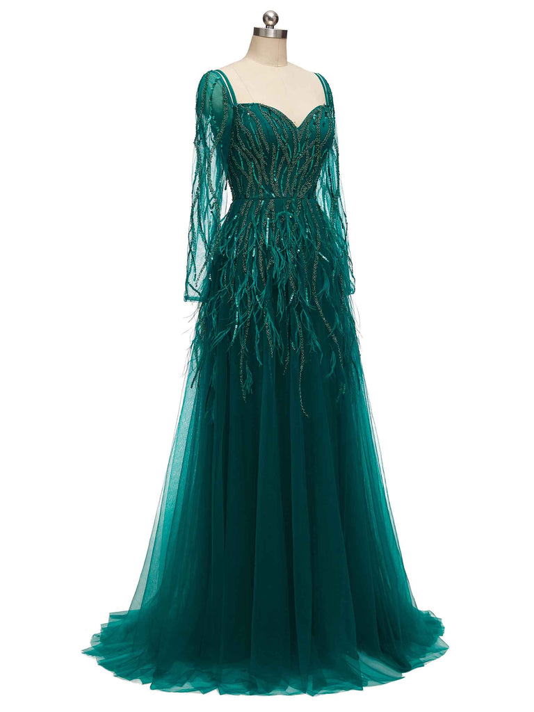 Green A-line Long Sleeves Floor-length Heavily Beaded Long Formal Prom Dresses