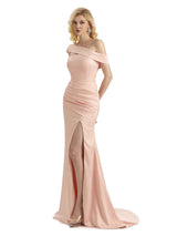 Elegant Asymmetrical Unique Soft Satin Side Slit Long Mermaid Bridesmaid Dresses