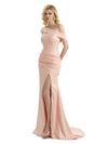 Elegant Asymmetrical Off Shoulder Soft Satin Side Slit Long Mermaid Bridesmaid Dresses