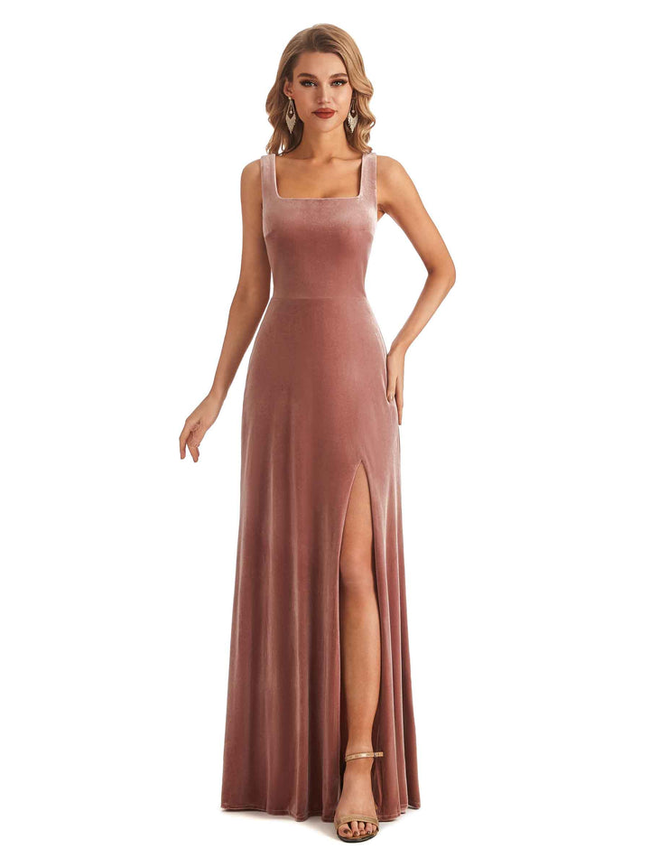 Women Elegant Sheath Velvet Square Long Wedding Guest Dresses