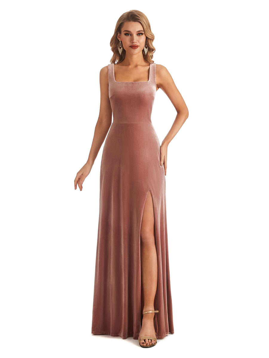 Elegant A-Line Velvet Square Long Bridesmaid Dresses Online