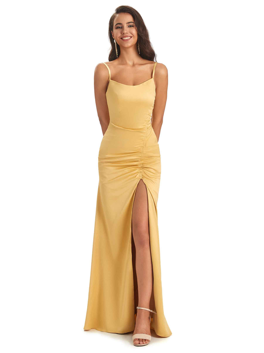 Soft Satin Side Slit Scoop Neckline Long Mermaid Bridesmaid Dresses Online