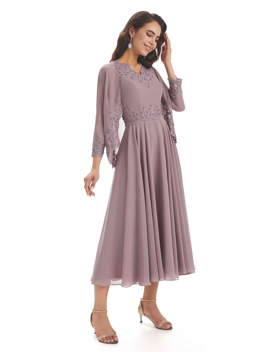 Elegant A-line Chiffon V-neck Tea-length Two pieces Mother Of The Bride Dresses