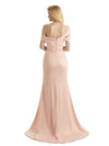 Elegant Asymmetrical Off Shoulder Soft Satin Side Slit Long Mermaid Graduation Prom Dresses