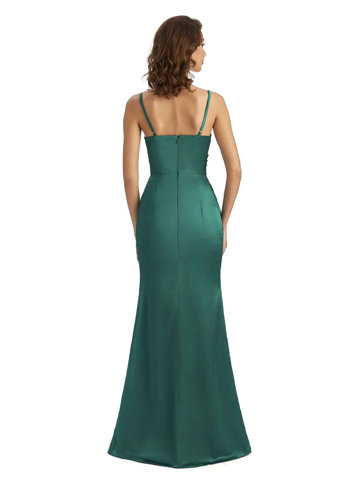 Sexy Mermaid Silky Satin Cowl Unique Long Evening Formal Dresses Side Slit