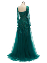 Green A-line Long Sleeves Floor-length Heavily Beaded Long Formal Prom Dresses