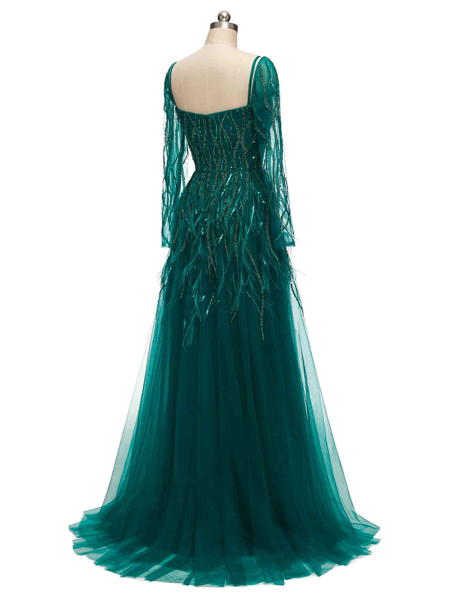 Green A-line Long Sleeves Floor-length Heavily Beaded Long Formal Prom Dresses
