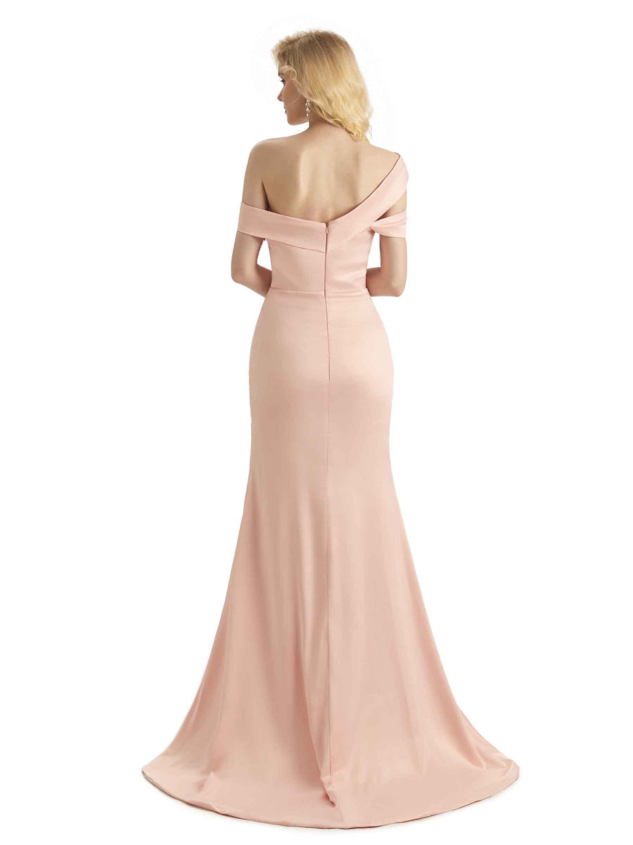 Elegant Asymmetrical Unique Soft Satin Side Slit Long Mermaid Bridesmaid Dresses