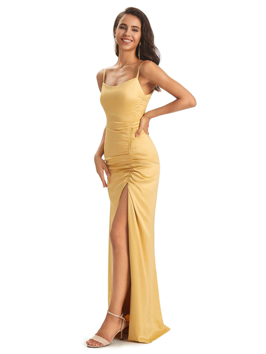 Soft Satin Side Slit Scoop Neckline Long Mermaid Bridesmaid Dresses Online